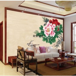 中式古典国画花开富贵赏牡丹办公室客厅沙发背景墙装饰壁画 批发